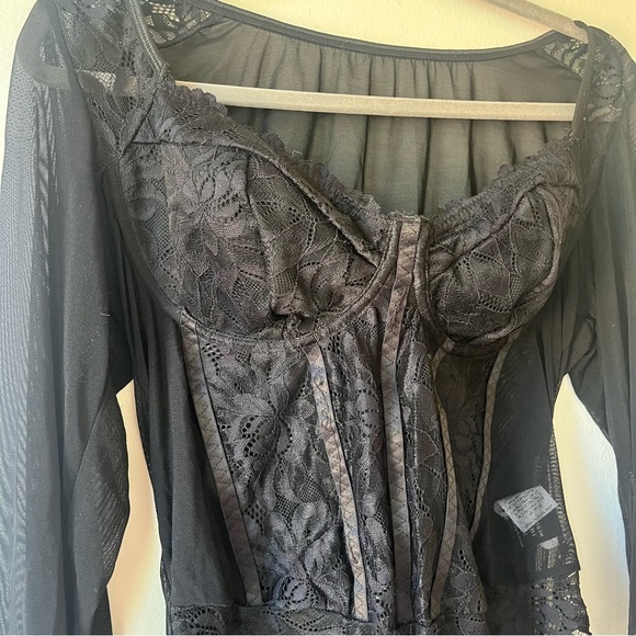 Shein Curve 0XL Black Lace Mesh Bodysuit Corset Style Long Sleeve Y2K Clubwear - Picture 2 of 10
